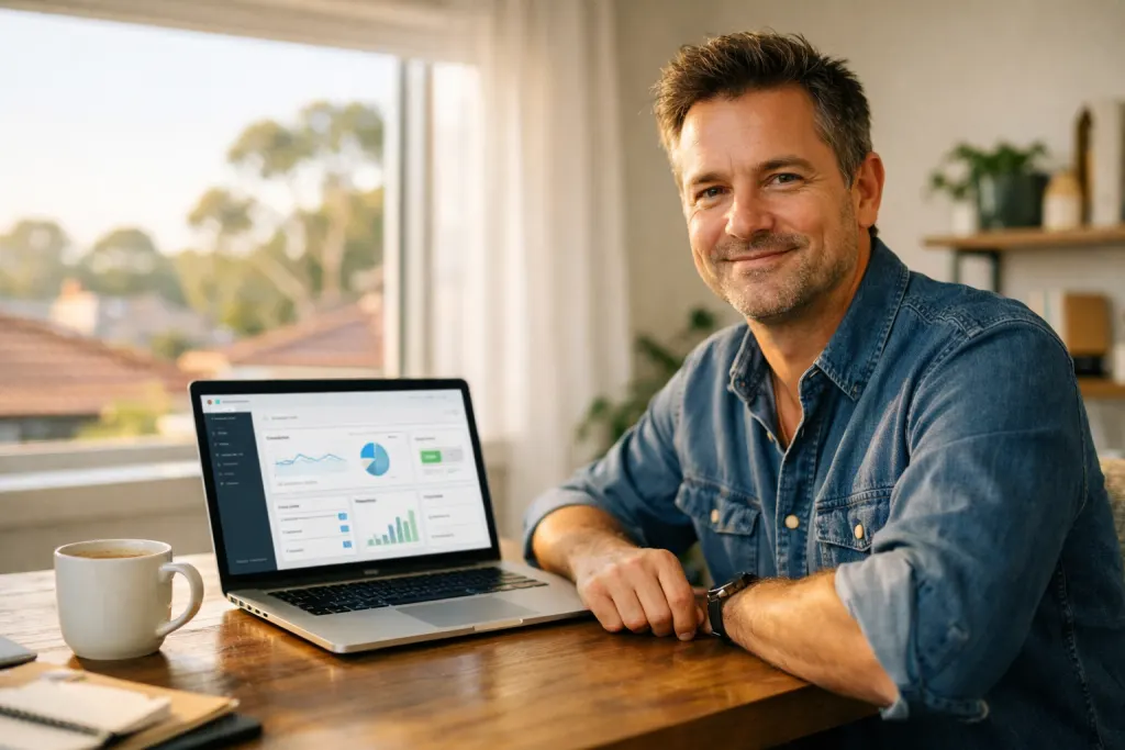 Australian small business owner at a desk with a laptop showing a website dashboard, warm morning light through a window